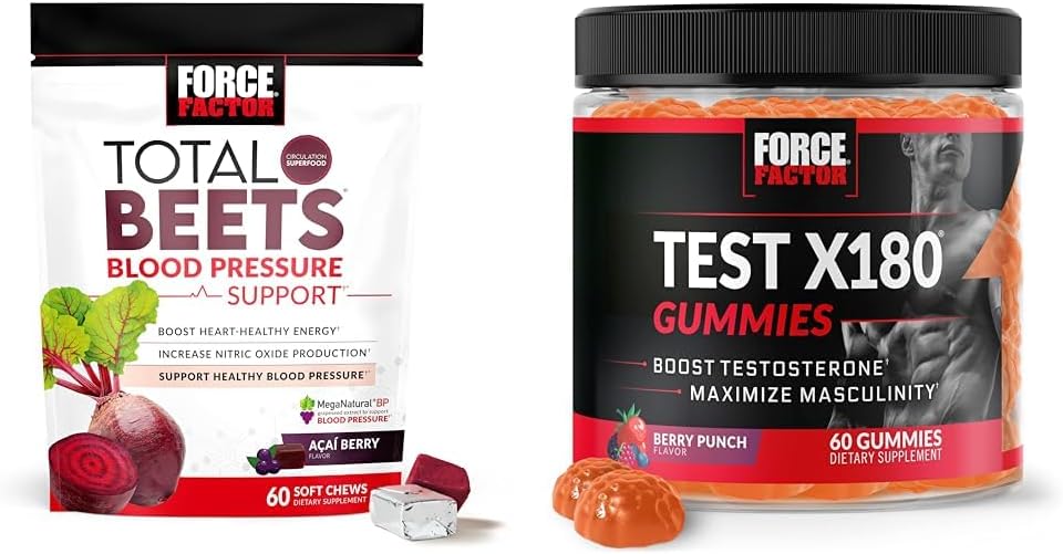 Force Factor Total Beets Blodtryck Stöd 60 Chews + Test X180 Gummies Testosteron Booster för Män 60 Gummies