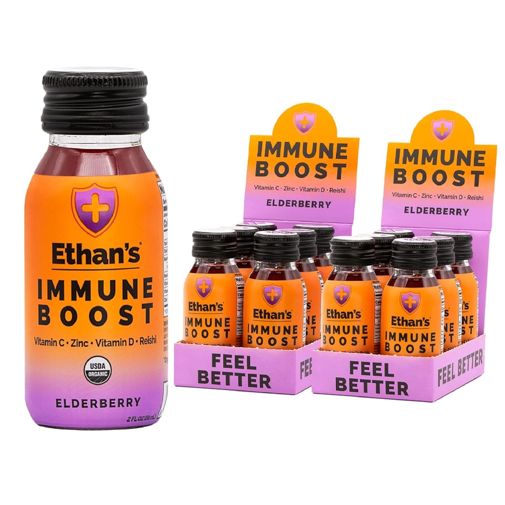 Ethanin luomuimmuno Boost Shots, Elderberry Flavor. Voit paremmin. Immuniteetti tuki, Valmistettu todellisia hedelmiä, C-vitamiini, D-vitamiini, Reishi, Sinkki, jossa ei ole lisätty sokeria (12 pakkaus 2oz laukausta)