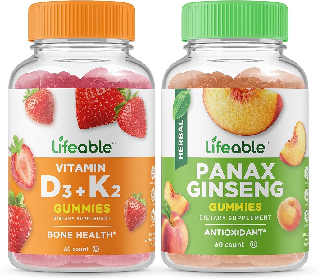 Elinkelpoinen D3-vitamiini + K2-vitamiini + Panax Ginseng, Gummies Bundle - suuri maku, vitamiinilisä, gluteeniton, GMO-vapaa, purukumi