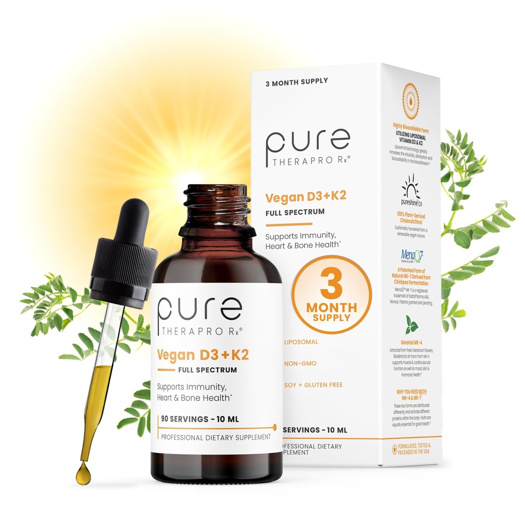 Rena Therapro Rx Vegan D3 + K2 Organic 100% Liposomal 10ml Made i USA | 3 månaders leverans | Maximal Absorption Vitamin D3 och Vitamin K2 Tillskott för män och kvinnor, D3 Vitamin 5000 IU