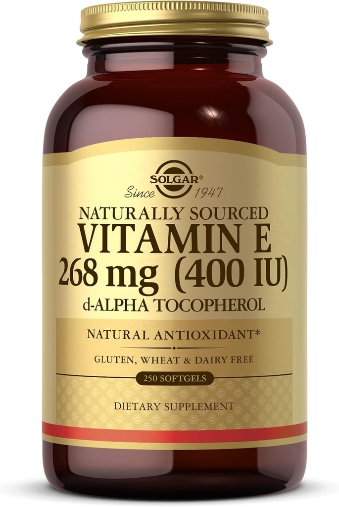 Solgar E-vitamiini 268 mg (400 IU) - 250 Softgels - Luonnollisesti käytetty E-vitamiini d-Alpha-tokoferoli - Gluteeniton - 250 tarjoilua