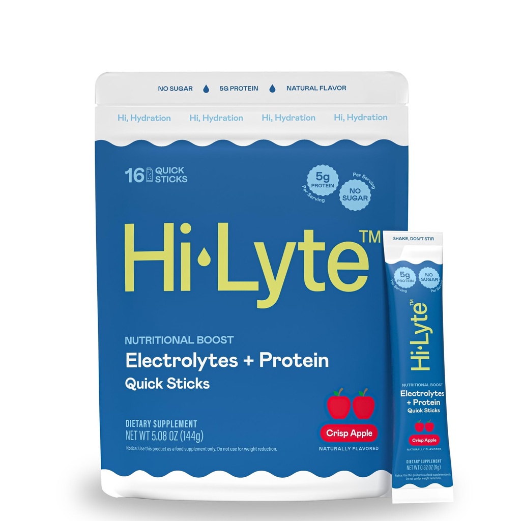 Hi-Lyte Electrolytes + Protein Quick Sticks Crisp Apple, 16 Servings - Natrium, Kalium, Heraproteiini - Keto Friendly - 5g proteiinia, Ei sokeria