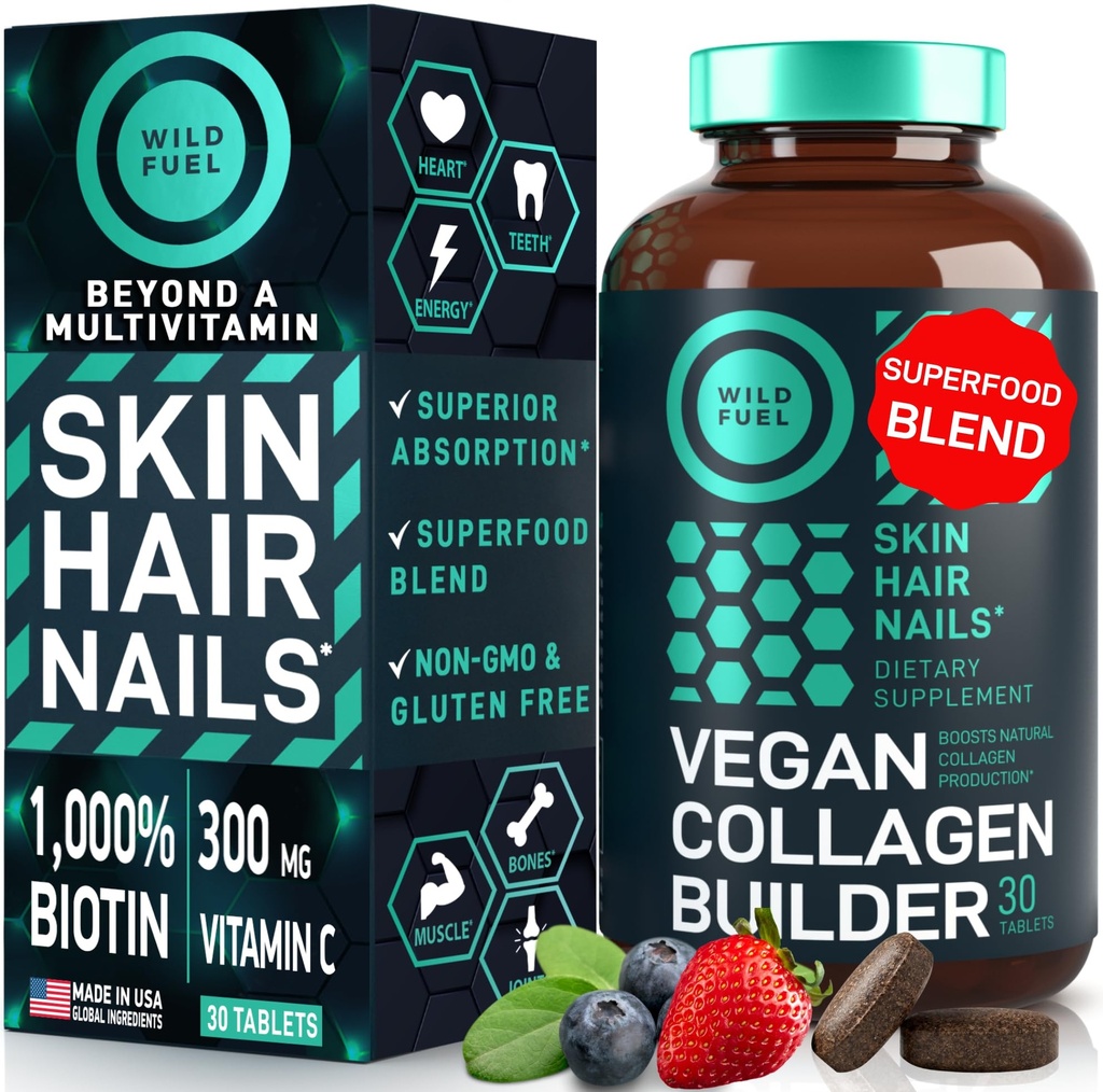 WILD POLTTOAINE Vegaani Collagen Builder - Biotiini, Luomu Superfood, aminohapot Glysiini, Lysiini, Proline Plant-pohjainen Collagen Booster lisäravinteet - 30 Organic Extract tabletit