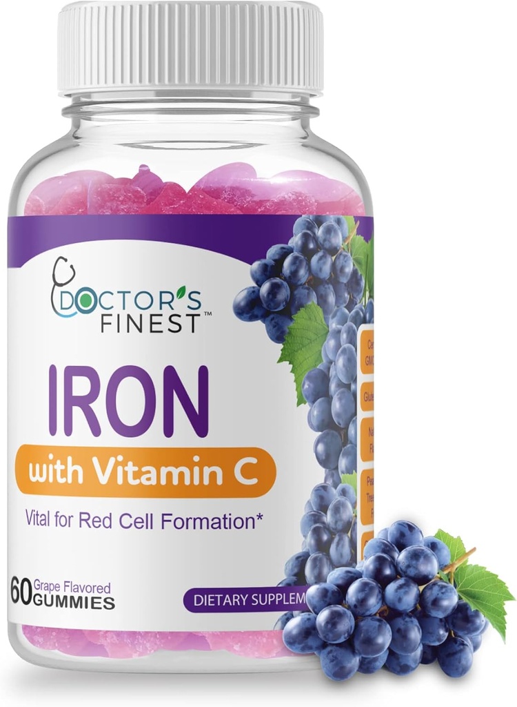 Lääkärit Tilaukset Iron 10mg C-vitamiini Gummies, kasvissyöjä GMO-vapaa gluteeniton, Great Makeutus luonnon viinirypäleen maku vitamiineja, ravintolisä, Red Cell Formation, aikuisille ja lapsille, 60 Gummies