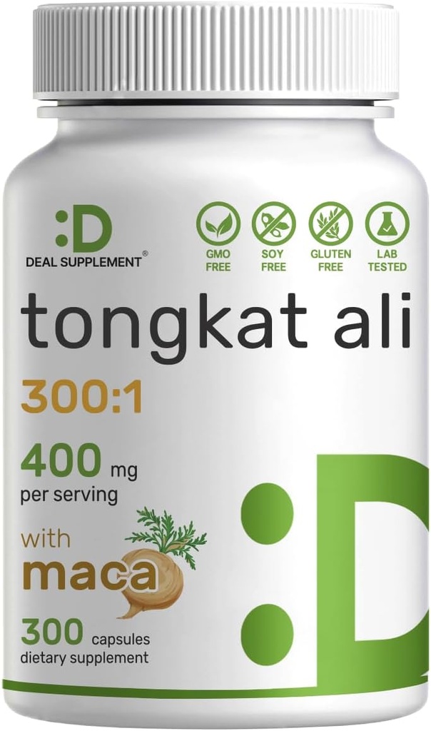 DEAL SUPPLEMENT Tongkat Ali Extract 300:1 400mg & Maca Root 400mg | 300 kapslar, Ultra Strength Longjack (Eurycoma Longifolia) + Peru Maca - Non-GMO, Herbal Supplement för Män hälsa, prestanda