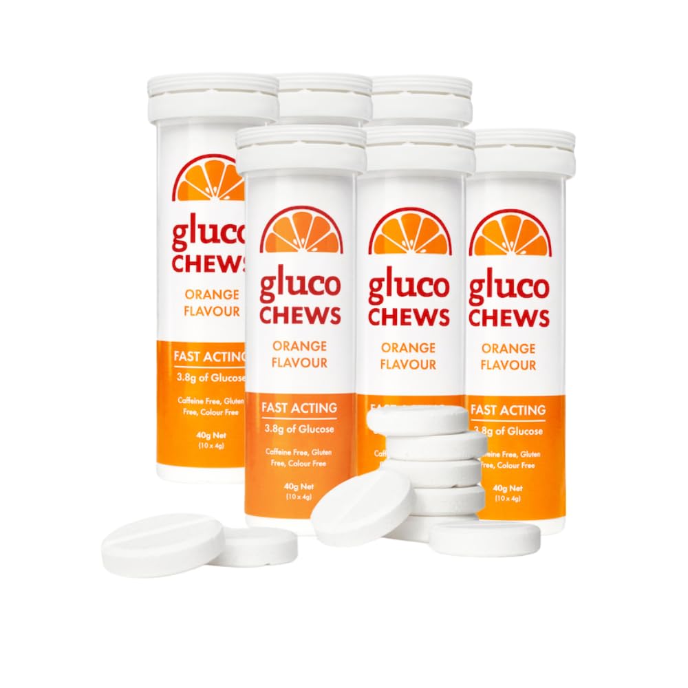 Glucochews Orange Glucose Tabletit ... 60 tablettia (10 per putki, 6 taskusaumatut putket) ... 3.8g Nopeasti toimiva glukoosi Jokainen ...