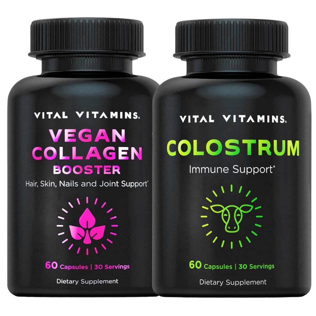 Vitamiinit Vegaani Collagen Booster kapselit + kolostrum kapselit täydentää
