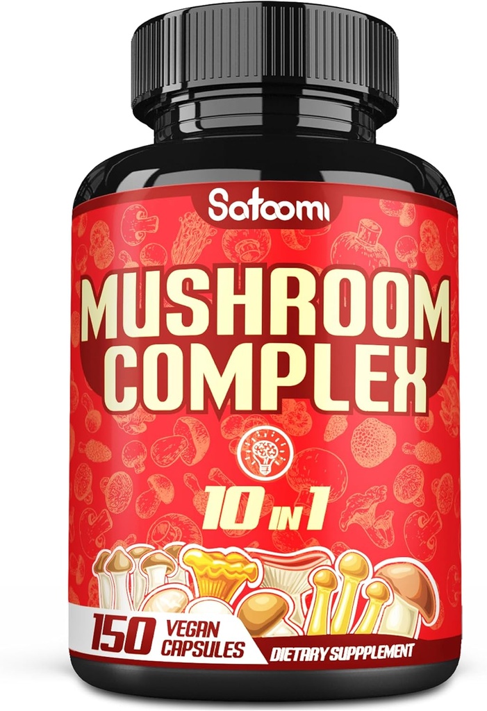 Satomi 10in1 Mushroom Complex lisäravinteet - 5 kuukauden tarjonta - sekoitettu Lions Mane, Cordyceps, Reishi, Chaga, Maitake, Shitake & muut - Aivojen tuki - 150 kapselia