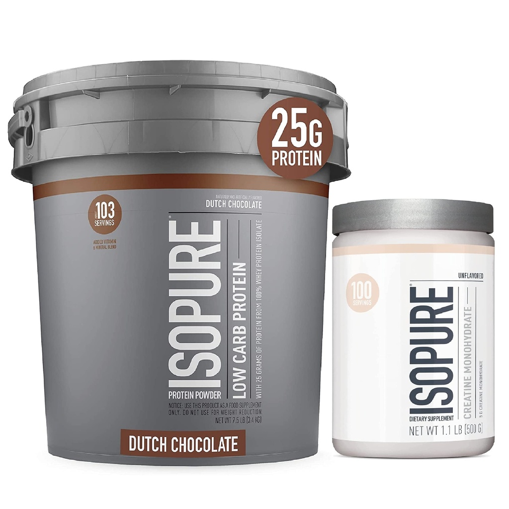 Isopure Protein Powder Low Carb med kreatinpulver 500g Unflavored, Keto Friendly Protein Powder, 100% Whey Protein Isolate, Protein smak: nederländsk choklad, 7,5 Pounds
