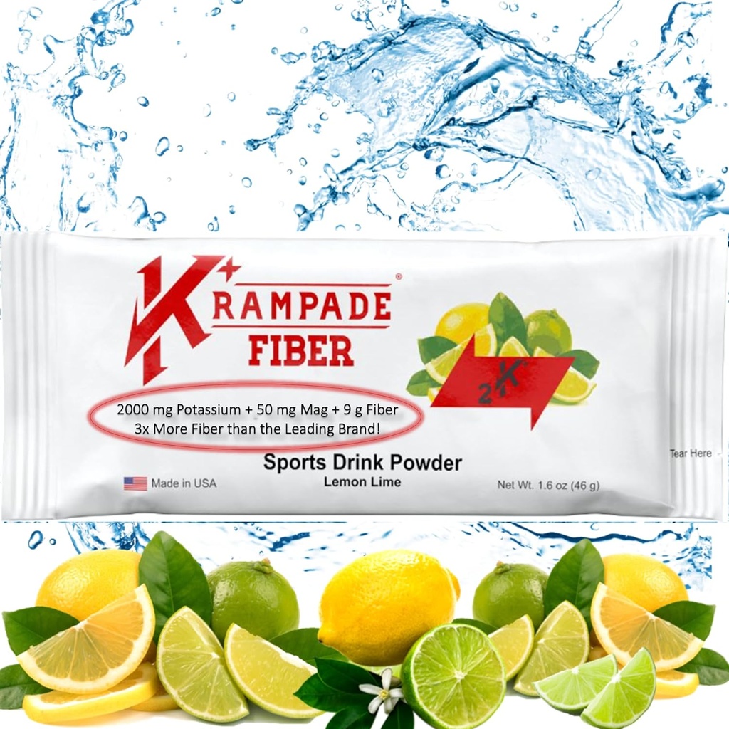 Krampade Fiber 2K High Soluble Fiber, High Potassium, Magnesium Supplement Drink Powder Mix - 2X More Fiber | Minska kramper | (Lemon Lime, 19 Servering Bulk Pouch)