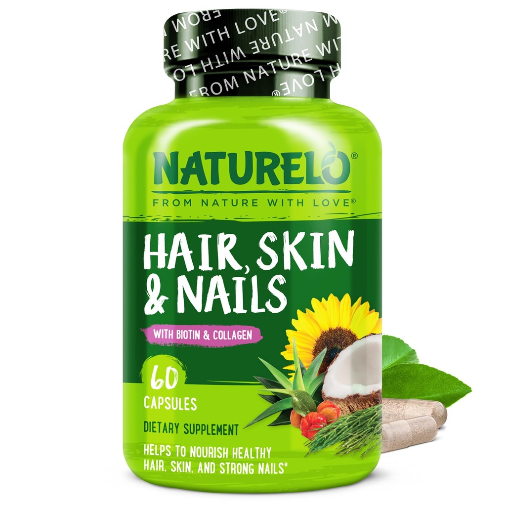 NATURELO Hår, hud och naglar Multivitamin - 5000 mcg Biotin, Collagen, Natural Vitamin E - Tillägg för hälsosam hud, hårväxt för kvinnor och män 60 kapslar