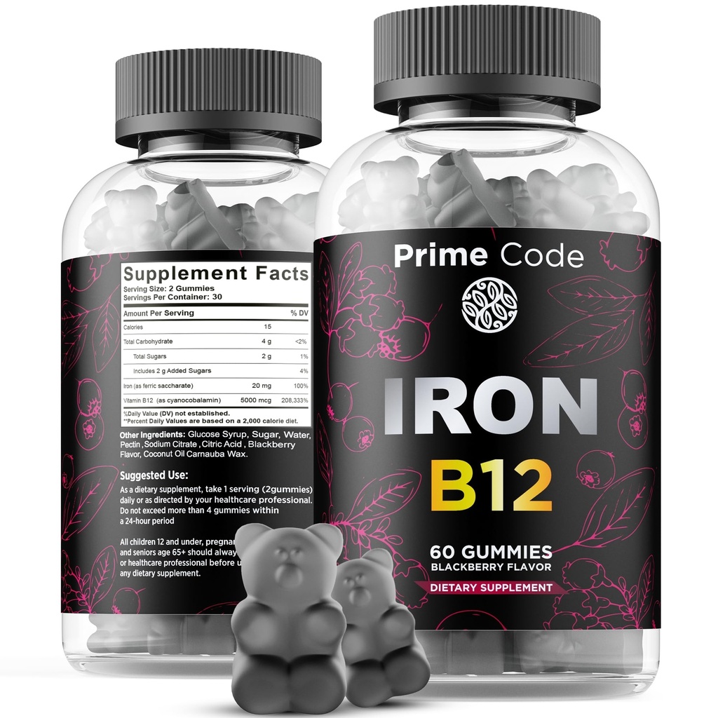 B12-vitamiinia Naiset ja miehet, 20 mg rauta täydentää aikuisille, ilmainen veren rakentaja Anemia, B12-vitamiinia Gummy Iron & Natural Blackberry maku, Vegan, ei-GMO, 30 päivän tarjonta