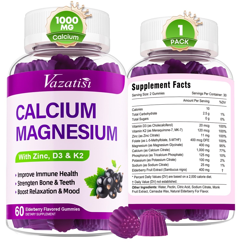 Kalsium Magnesiumsinkki Gummies D3- ja K2-vitamiinilla, suuri imeytyminen Magnesium Glycinate Kaliumia immuuni- ja lihaksille, Vegan Elderberry Flavor 60 Gummy