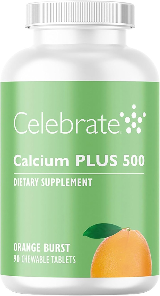 Celebrate Calcium Plus 500 - vitamiinit Bariatrinen kalsiumsitraatti D3-vitamiinin kanssa Purukelpoinen, 500 mg, gluteeniton ja sokeriton kalsiumsitraatti bariatrisille potilaille, appelsiinin puristus, 90