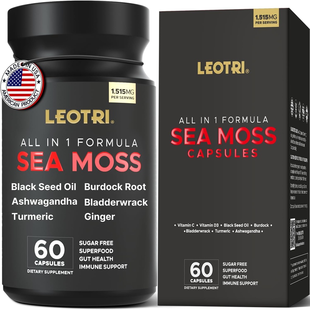 Organic Irish Sea Moss kapselit: Sea Moss 10500mg Musta siemenöljy 6000mg Turmeric 3000mg Ashwagandha 3000mg Blackderwrack 3000mg Burdock juuri 3000mg Inkivääri ihon Gut Health Superfood 60 kapselia