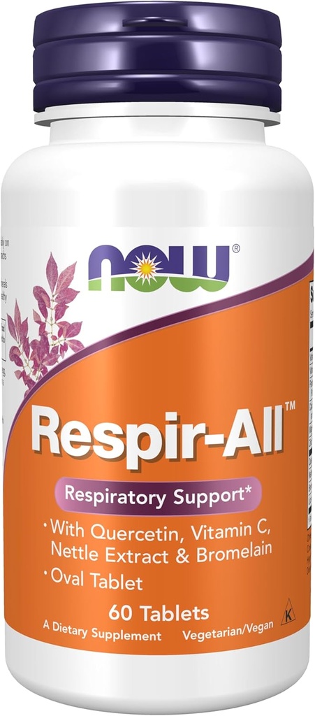 NOW Supplements, Respir-AllTM med Quercetin, Vitamin C, Nettle Extract och Bromelain, Respiratory Support*, 60 tabletter