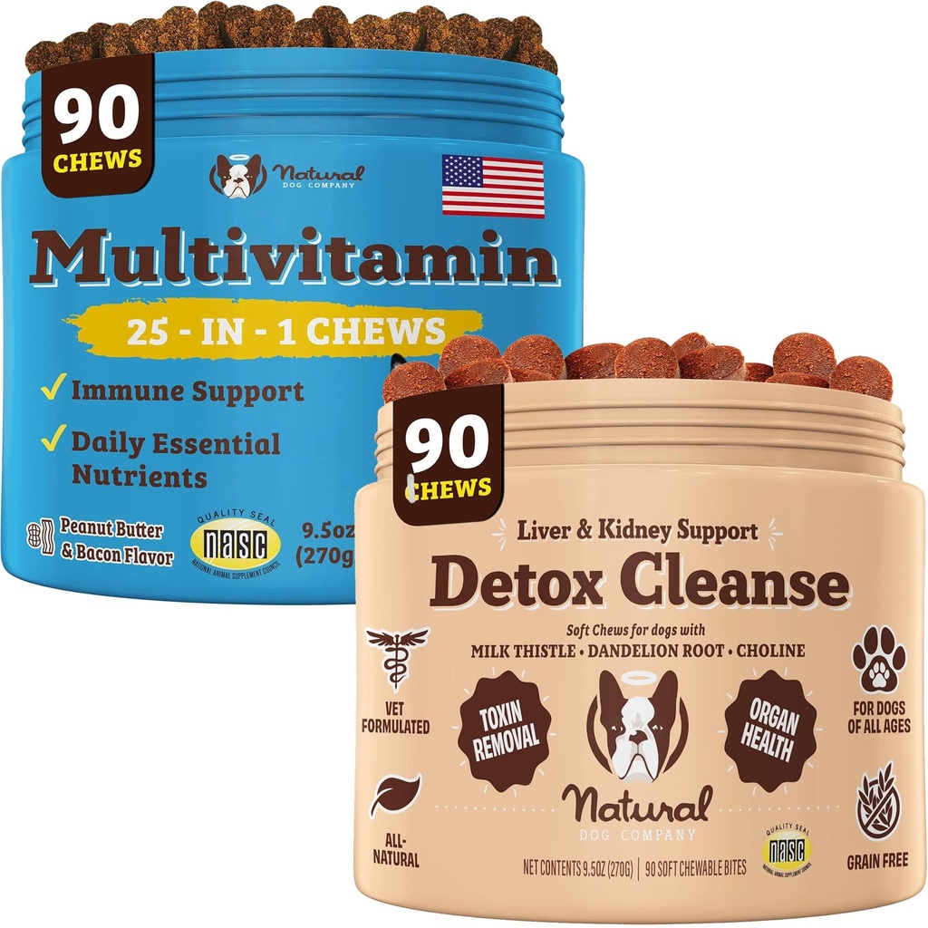 Natural Dog Company Multitamine & Liver & Country Chews Bundle - kattava terveystuki Senior Dogs, edistää detoxification, parannettu ruoansulatus, Radiantti iho & turkki, helppo antaa
