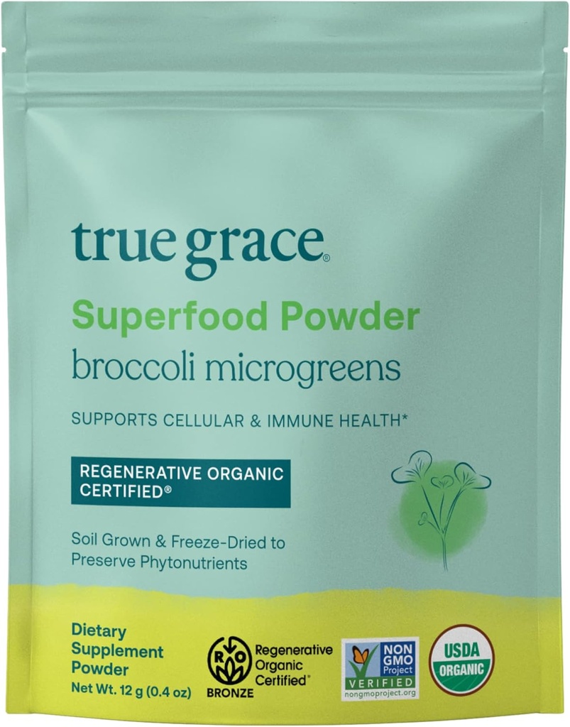 True Grace Broccoli Microgreens - 0,4 oz - Daglig superfoodpulver för cellulär och immunhälsa - Gluten & Soy Free, Vegan, Regenerative Organic Certified - 30 portioner