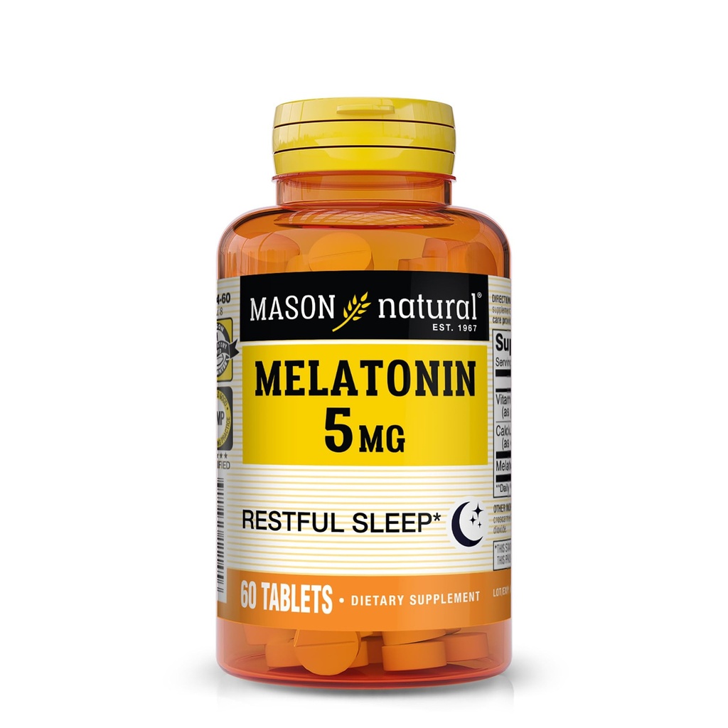 Mason Natural Melatoniini 5 mg B6 & kalsium, luonnollinen uniapu, tukee levollinen uni, 60 tablettia