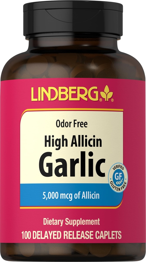 Lindberg Garlic Supplement Pills | 500mg | 100 Caplets | Odorless med High Allicin (5000mcg) | Allium Sativum Extract | Non-GMO, Gluten Free