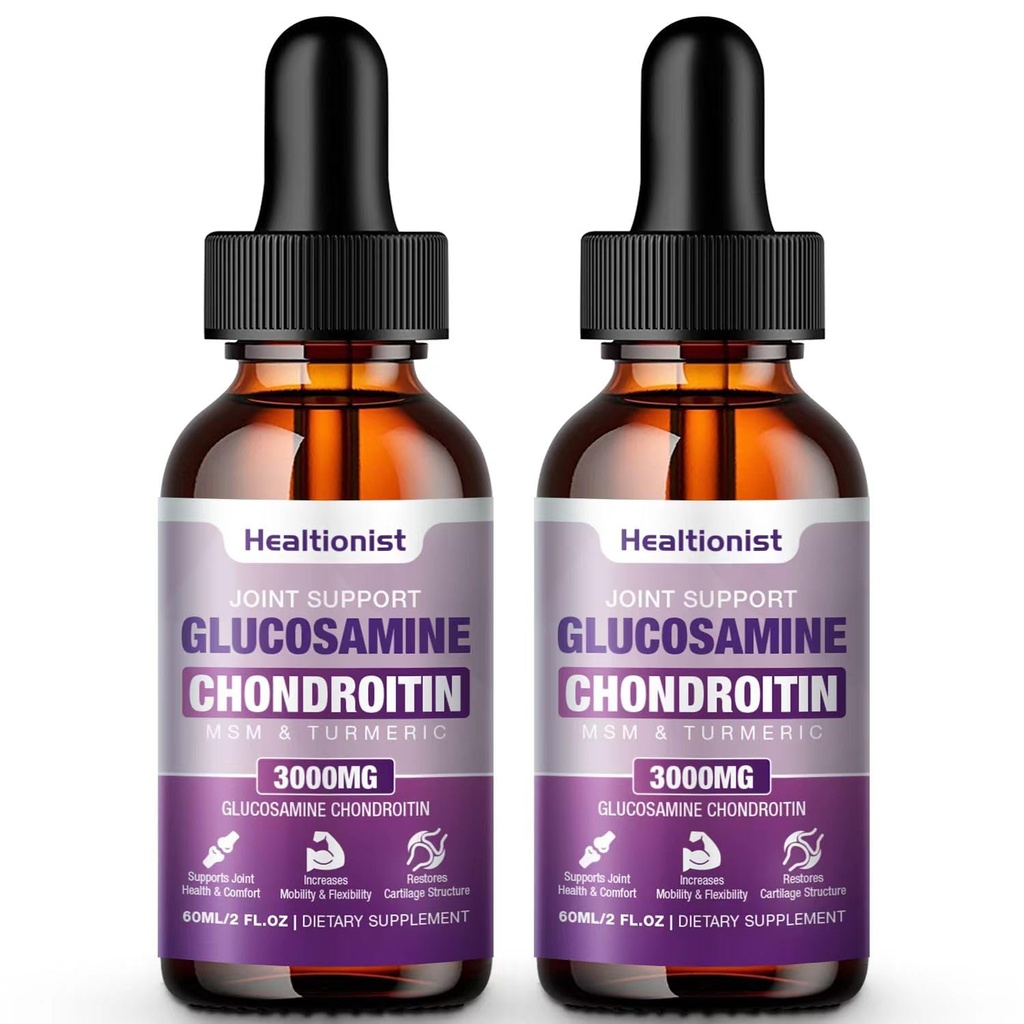 2 pakkaus Glukosamiini Chondroitin MSM Liquid Drops, Extra Strength Joint Support Supplement for Adults Miehet & Naiset, Quercetin Boswelia, Bromelain, antioksidantti Immuuni tuki (4 Fl oz)