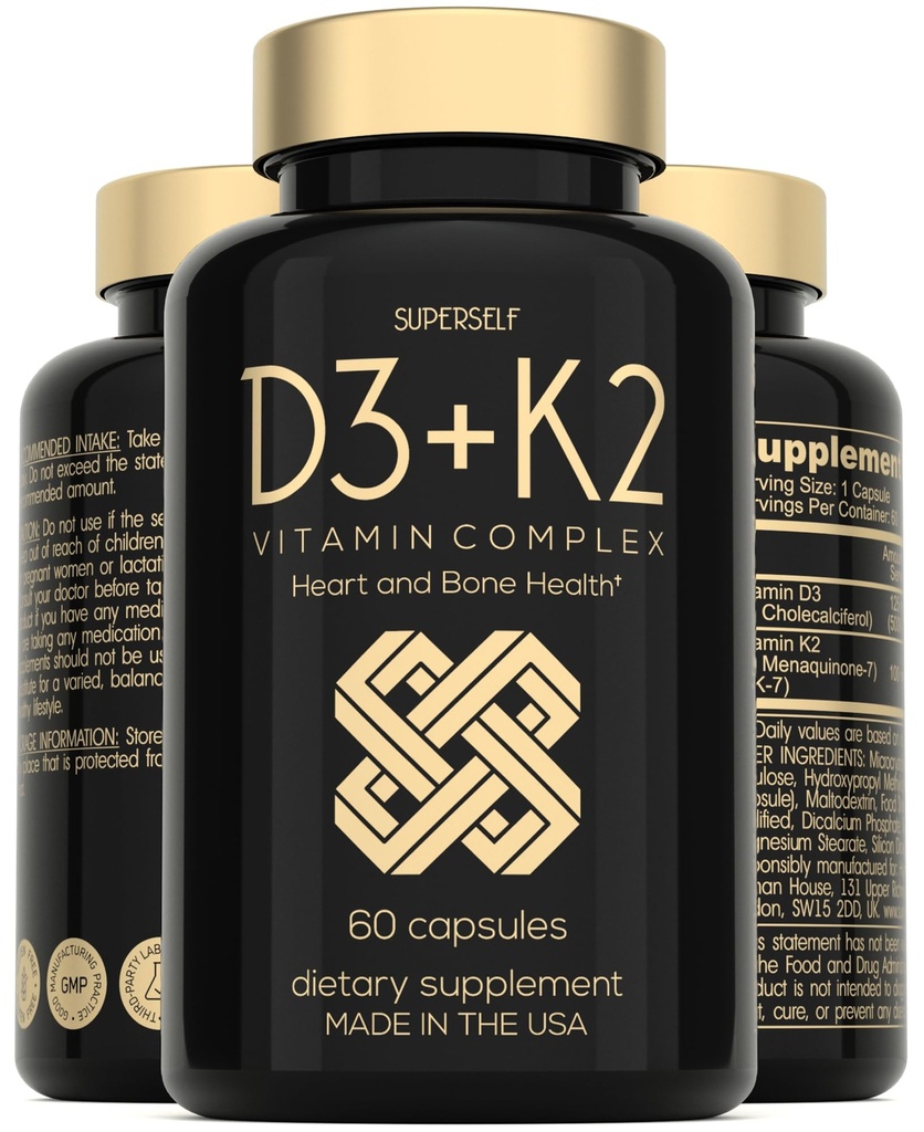 Vitamin D3 K2 kapslar - Vitamin D3 5000 IE och vitamin K MK7 100mcg - 60 kapslar - USA Made Vegetarian Vitamin D Supplement - Hög styrka VIT D för ben, muskler, tänder, immunsystem