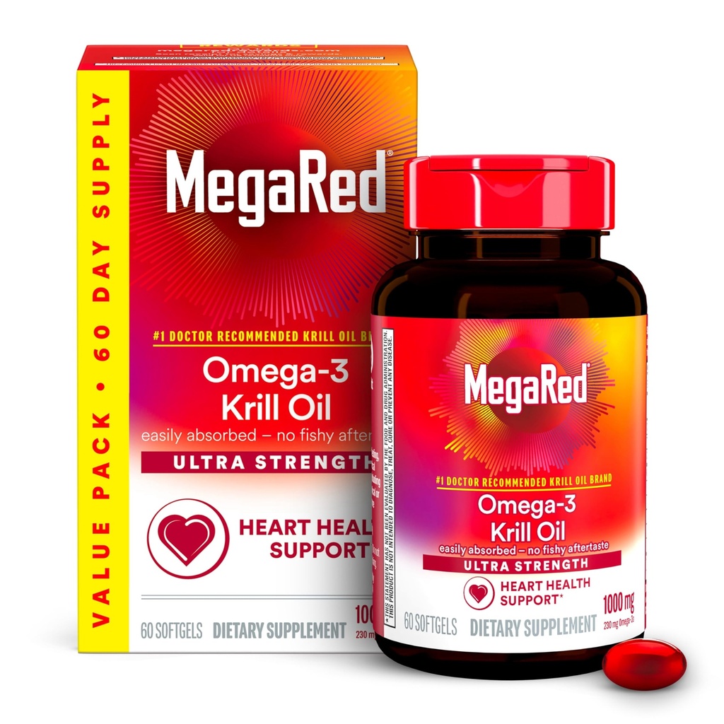 MegaRed Ultra Strength 1000mg Omega-3 Krill Oil Supplement med EPA / DHA, Astaxanthin & Phospholipids, No Fish Oil Aftertaste stöder hjärta, hjärna, gemensam och ögonhälsa, 60 greve Softgels.