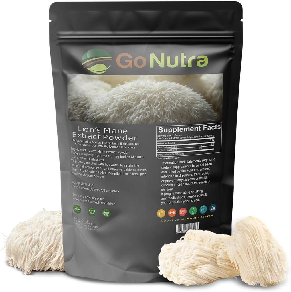 Go Nutra - Lion's Mane Powder, Potent 10:1 Lion's Mane Mushroom Powder med 30% Polysaccharides, Pure Lion's Mane Extract för Tea, Juice, Vatten och Mer, Non-GMO, Vegan, 4 oz