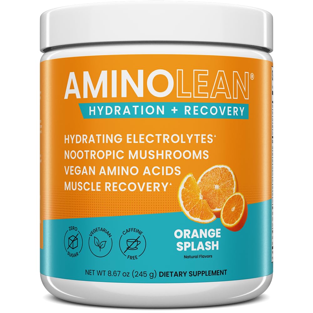 AminoLean Hydrating Electrolyte Powder and Recovery Drink with Sea Minerals, Nootrophic Mushrooms, and Vegan Amino Acids, BCAAs + EAAs Post Trenout Lihas Building, Orange Splash
