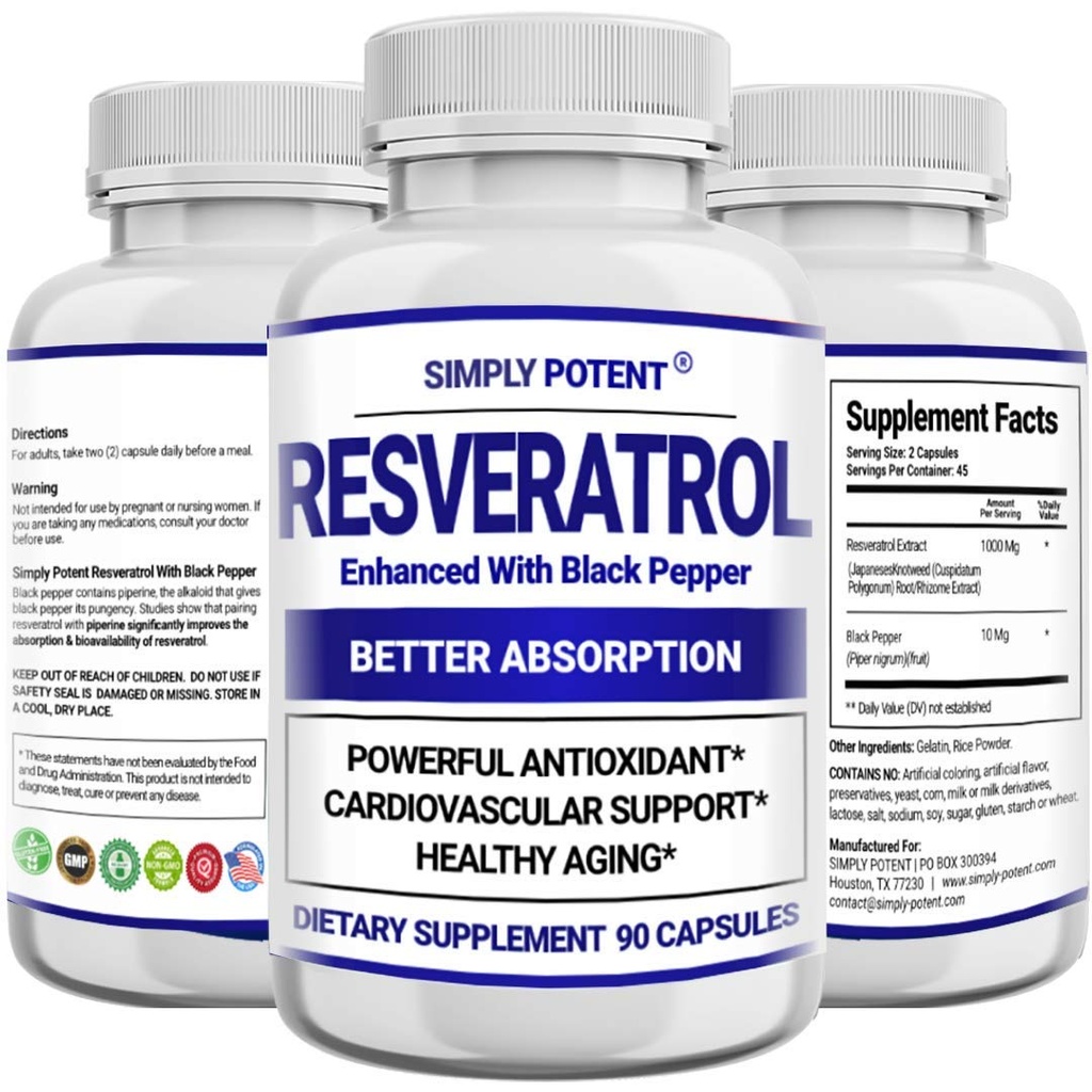 Resveratrol 1000 mg Supplement, Trans Resveratrol 500 mg, Resveratrol Lisätty Black Pepper Max Imeytyminen, Tehokas antioksidantti & anti-aging pillereitä sydämen, Immuuni & ihon terveys, 90 kapselia