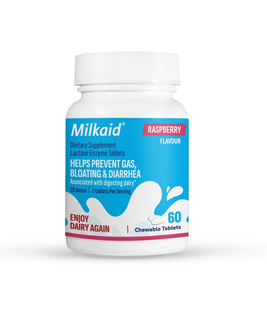 Milkaid Lactase Enzyme Chewable Tablets for Lactose Intolerance Relief | Förhindrar Gas, Bloating & Diarrhea | Fast Acting Dairy Digestive Supplement (60 tabletter, Raspberry)