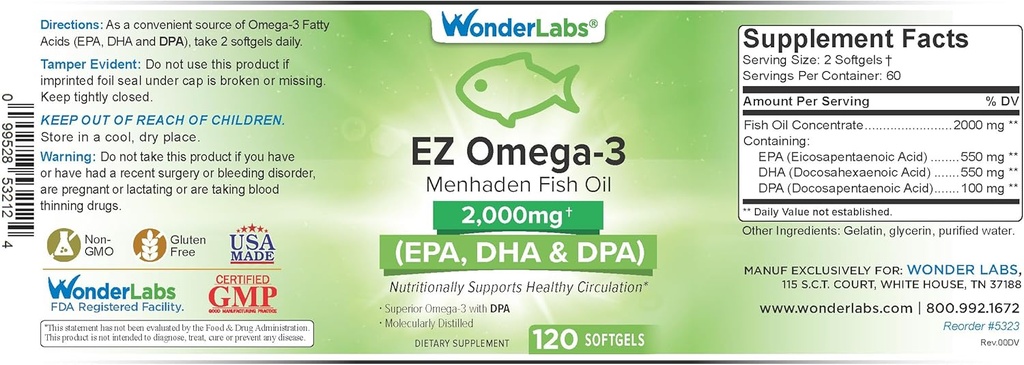 EZ Omega-3 Atlantic Menhaden Fish Oil Supplement 2000 mg, Burpless, Valmistettu Yhdysvalloissa, Täydellinen tasapaino EPA+ DHA + DPA 120 Softgels