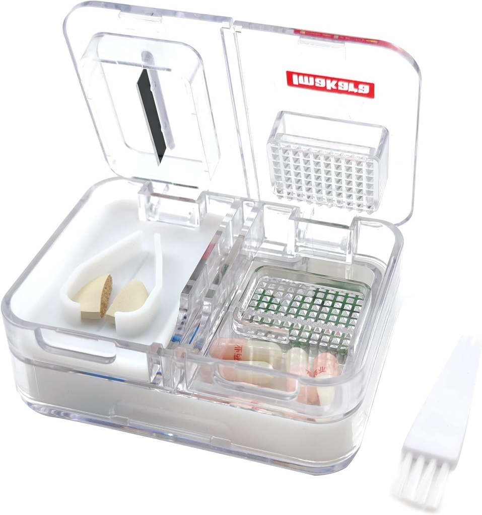 Travel Pill Box Medicine, Supplements, Vitamin Pill Organizer Daily Use Pill Case med Pill Cutter Pill Crusher och Grinder (vit)