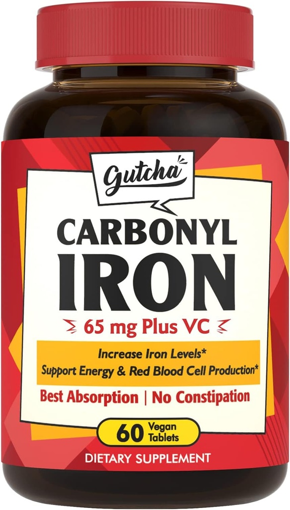 Iron Supplement, 65 mg Carbonyl Iron Plus C-vitamiini, energia ja veri tuki naisille ja miehille, parempi imeytyminen, hellä vatsa, ei pahoinvointi, ei ummetus, vegaaninen, ei-GMO, 60 Ct