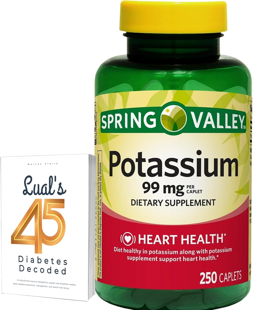 Spring Valley Potassium Heart Health Dietary Supplement Caplets, 99 mg, 250 greve, Potassium Gluconate Bundle med Luals 45 Diabetes Avkodade
