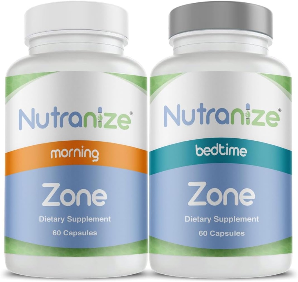 Nutranize Zone Twin-Pack Supplement System - Pharmacist-Designed Morning & Bedtime Capsules med Magnesium Glycinate, Vitamin D3, K2 MK7, Methylfolate, Chromium, Melatonin - 30 Day Supply (120 Count)