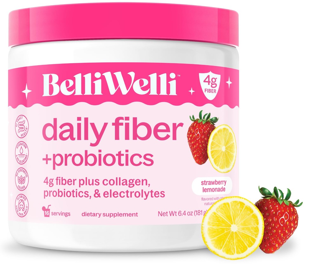 Belli Welli Fiber Supplement for Women&Men, Premium Daily Fiber Powder of Organic Acacia with Added Collagen, Electrolytes & Probiootit, No Bloat, Ummetus & Gut Health Support (Strawberry Lemonade)