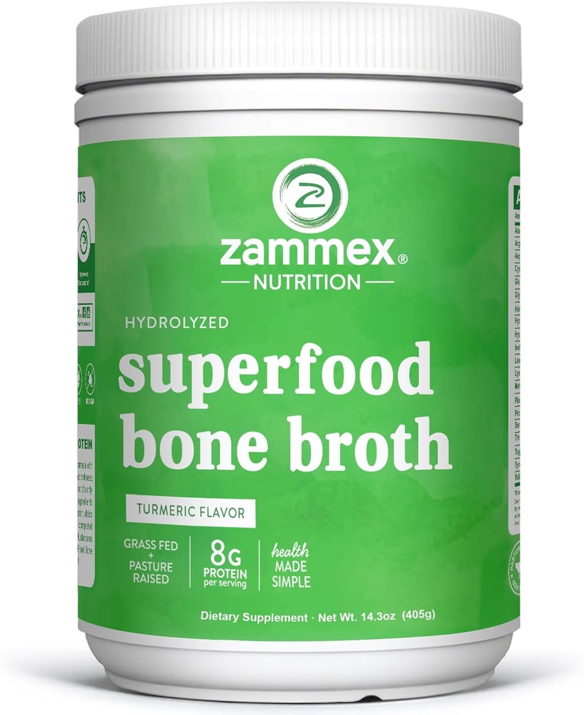 Zammex Bone Broth Plus Superfood Protein Powder (Turmeric Flavor), 8g Hydrolyzed Protein D-vitamiini, terve iho, kynnet, hiukset, nivelet & digestion, non-GMO (30 tarjoilua)