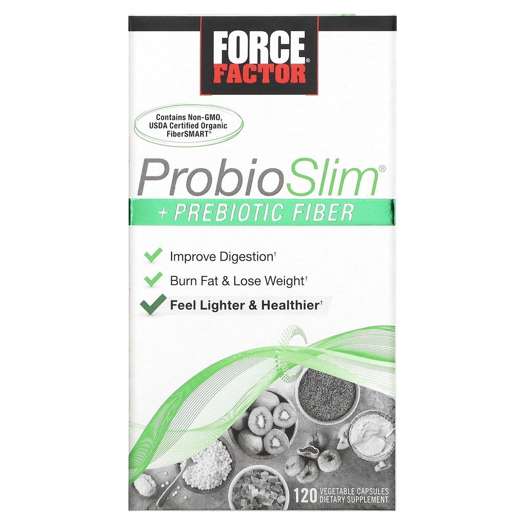 Force Factor ProbioSlim + Prebiotic Fiber Weight Loss Supplement for Women and Men, Probiotic and Prebiotic Digestive Health Support med Green Tea Extract och Psyllium Husk Fiber, 120 kapslar
