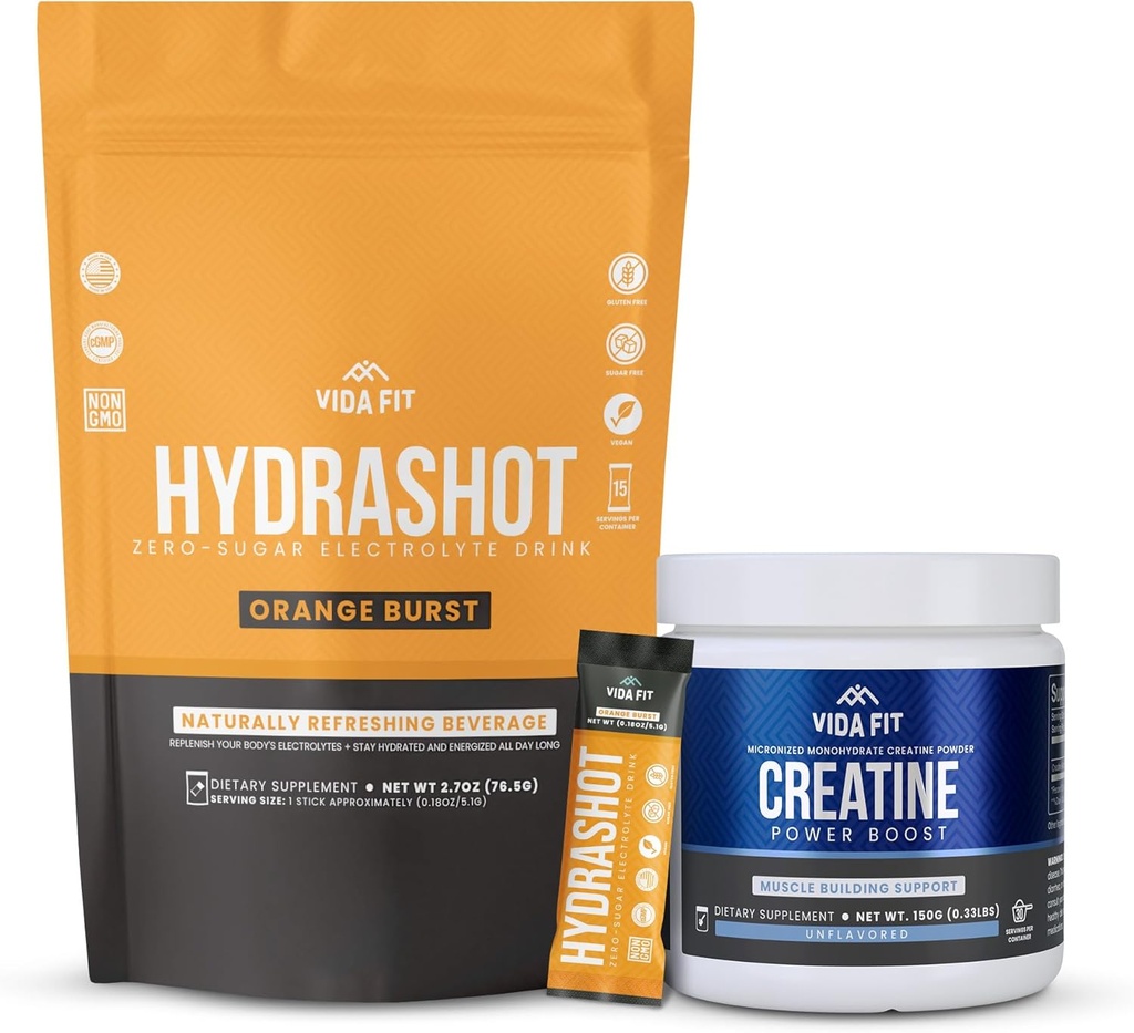 Hydration & Performance Bundle: 150g Micronized Creatine Monohydrate & Hydrashot Orange Electrolyte Hydration Powder (15 portioner) - Sugar-Free, Vegan och Perfekt för uthållighet och återhämtning