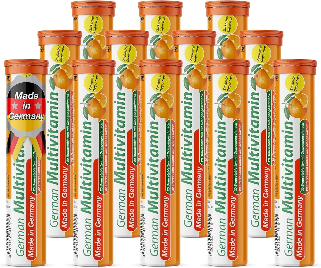 T&D German Multvitamin 10 Vitaminer - 240 Vegan Drink Effervescent Tablets - Orange smak - Tillverkad i Tyskland