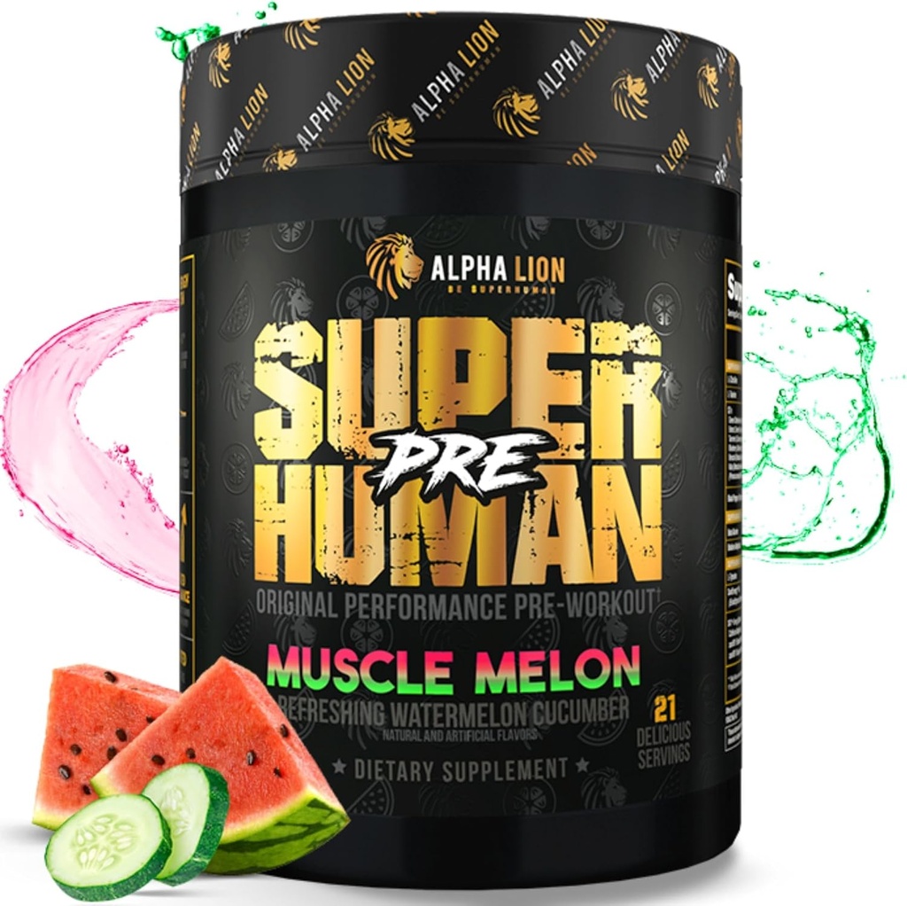 AAKKOSELLINEN LION Superhuman Pre Treenout Powder, Beta Alanine, L-Taurine & Tri-Source Kofeiini kestävä energia & Focus, typpioksidi & Sitrulli Pumpulle (21 tarjoilua, lihasmelonia)