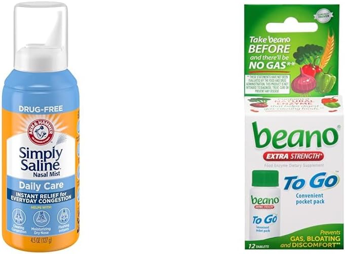 Arm & Hammer Saline Nasal Spray 4.5oz & beano till Go Gas Relief Tablets 12 Count