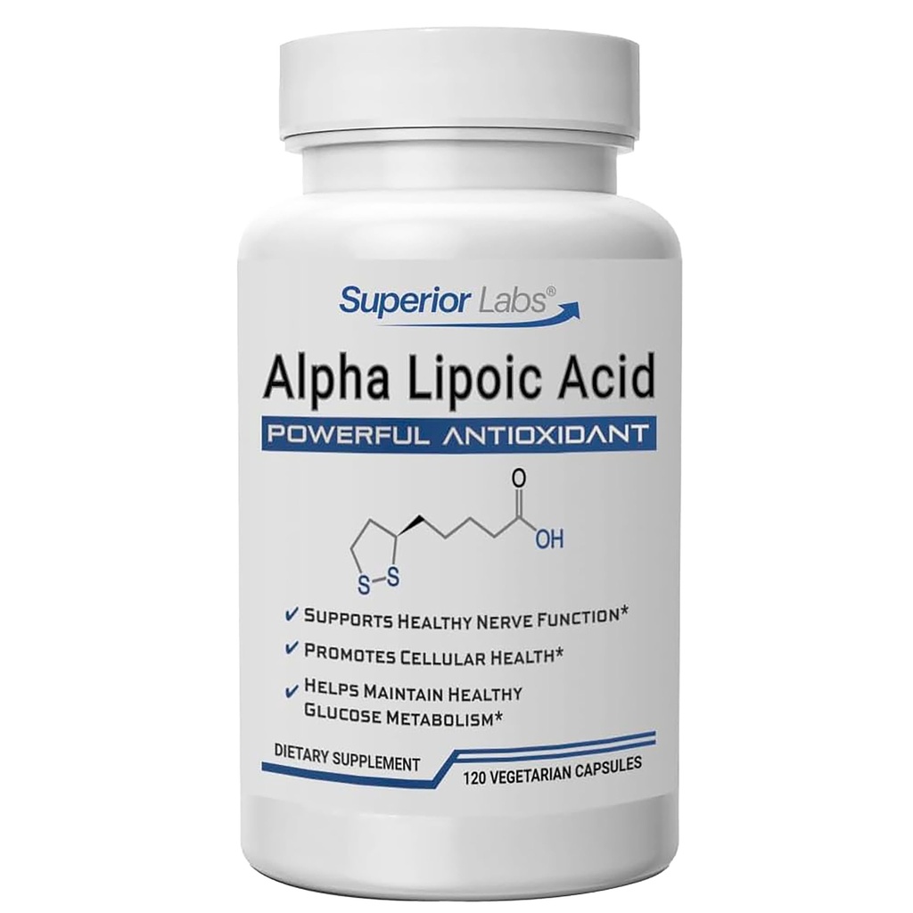 Superior Labs Alpha Lipoic Acid 600 mg kapslar, Pure Non-GMO ALA, High Absorption, Nerve Support, Hälsosam cirkulation och Nerve Response, Healthy Aging Antioxidant, 120 Veg Caps, 4-månaders leverans