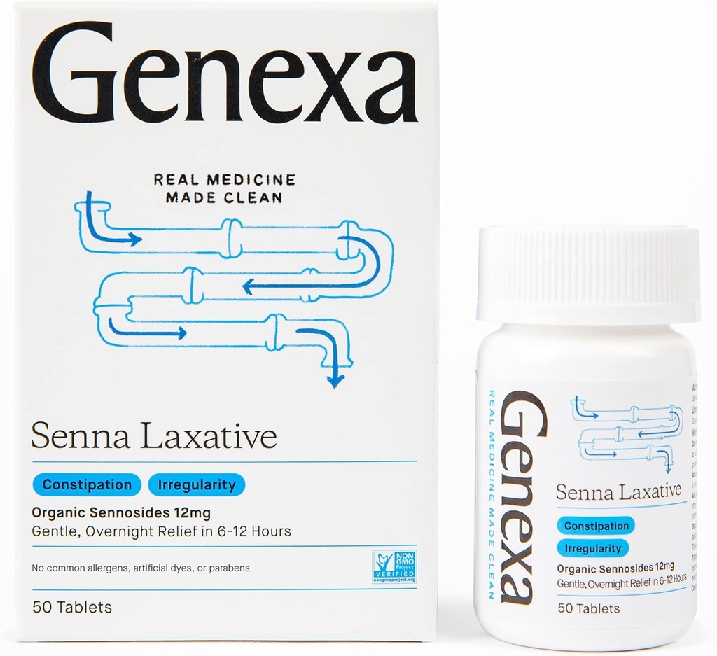 Genexa Senna Laxative Tablets | Irregularity & Constipation Relief | Effektiv Gentle, Overnight Laxative | Fri från Talc | Certified Organic & Non-GMO | 50 tabletter