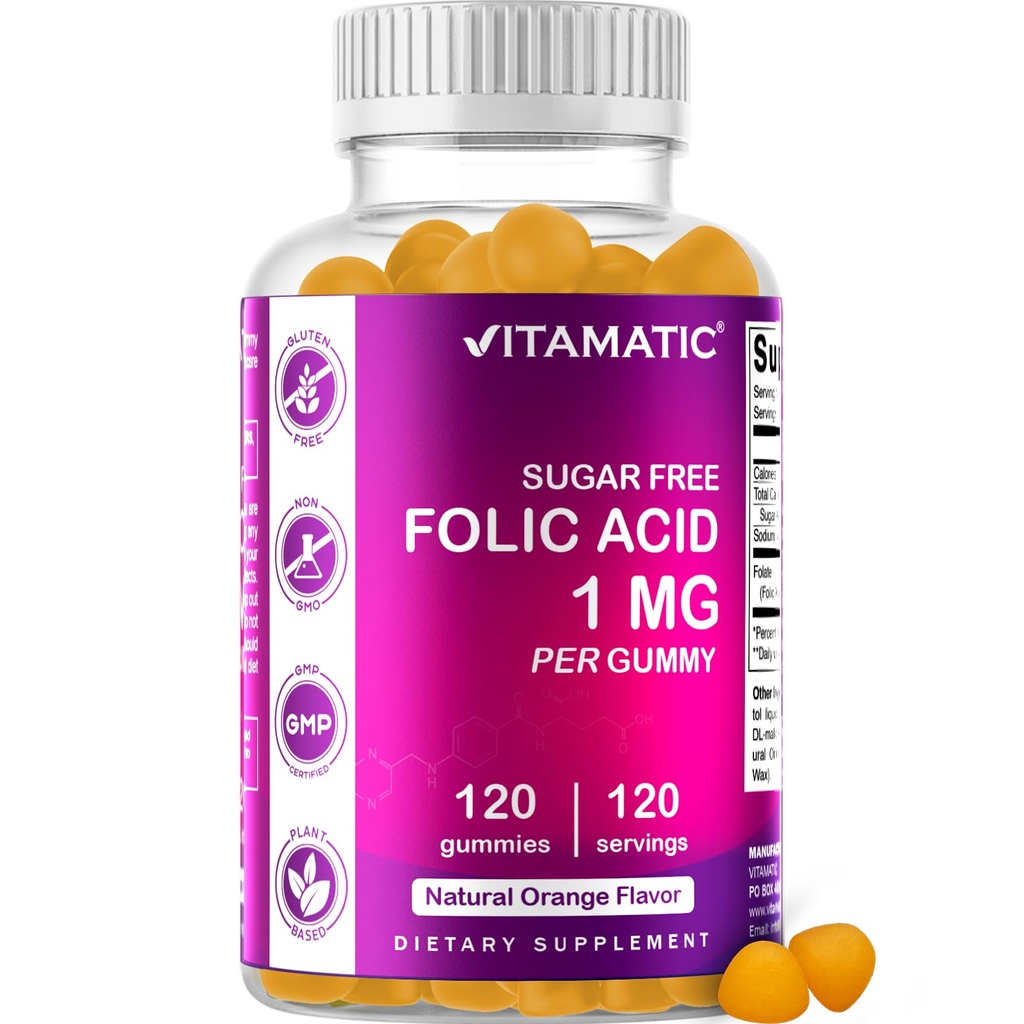 Vitamatic Folic Acid Gummies 1000 mcg (1 mg) - Essential Prenatal Vitamiines for äiti & Baby - vitamiini B9-120 Vegaani Gummies (1)