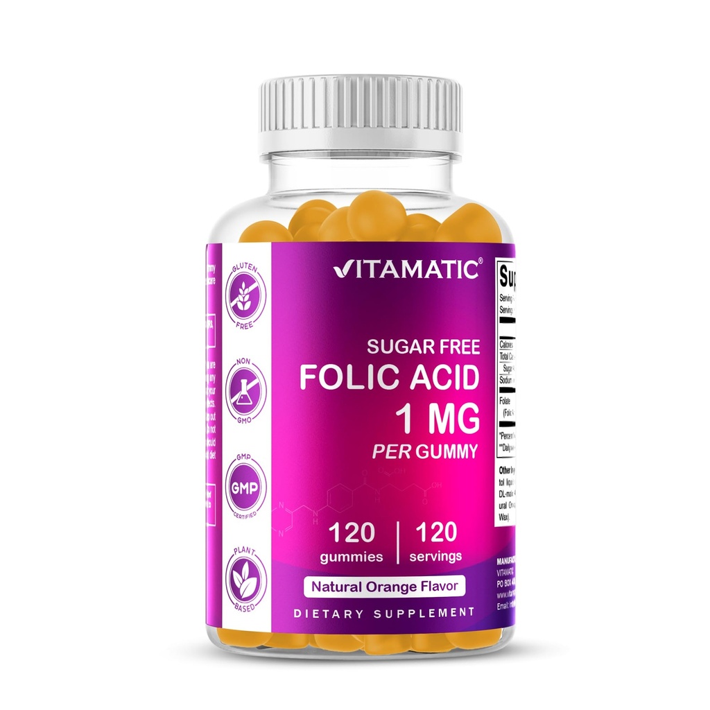 Vitamatisk folsyra Gummies 1000 mcg (1 mg) - en väsentlig prenatal vitaminer för mamma och baby - Vitamin B9-120 Vegan Gummies (1)