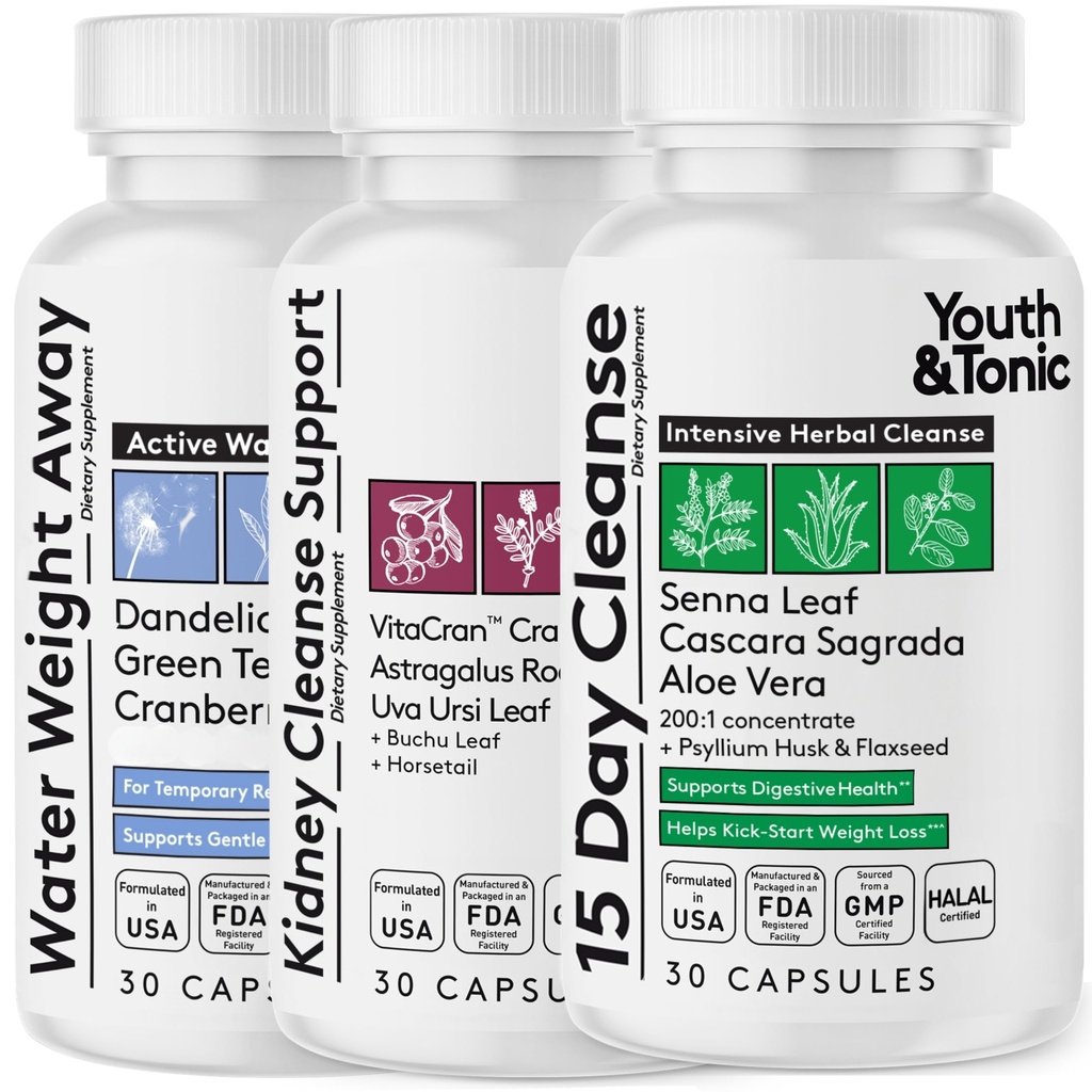 Youth & Tonic Complete Multi-Organic Detox Support 15 Day Colon Cleanser & Gut Detox, Munuaisten puhdistus, vesitasapaino & maksan terveys, 90 pillereitä naisille ja miehille