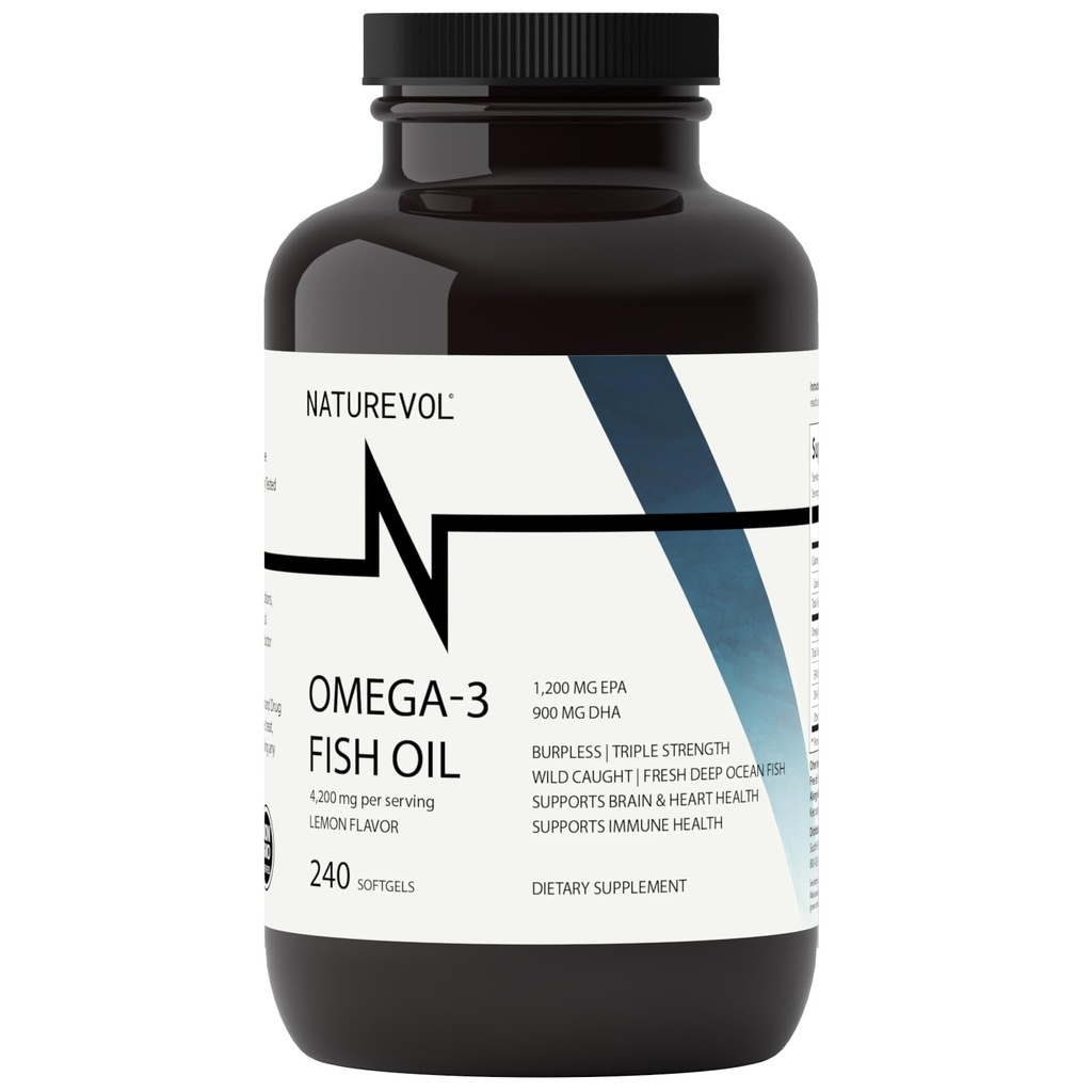 Triple Strength Omega 3 Fish Oil 4200mg - Burpless | Över 2200mg Omega 3 Fatty Acids | 1200mg EPA + 900mg DHA | Bästa väsentliga fettsyror | Wild Caught / Deep Sea Fish, Lemon Flavored - 240 Softgels