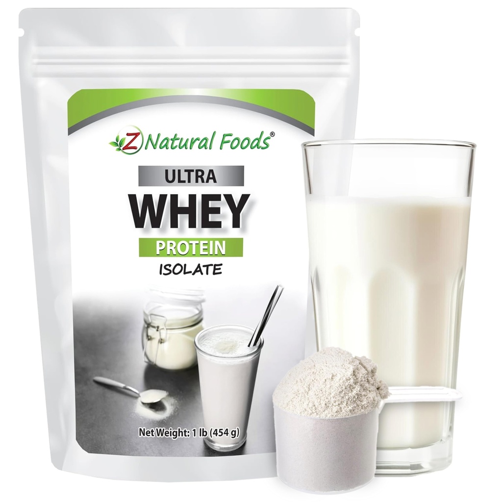 Z Natural Foods Ultra Whey Protein Isolate Powder - Pure, makuamaton, makeuttamaton Whey Protein Powder - Mausteeton Whey Isolate kanssa Vital Proteins for Fitness, Urheilu ravitsemus, Immuuni tuki, 1 lb